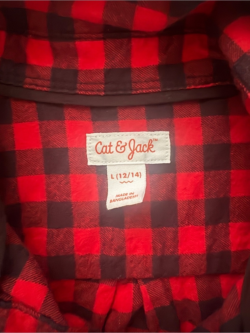 Cat & Jack Red Black Buffalo Plaid Flannel Youth Large Button Up Shirt 12 14 - Picture 3 of 3